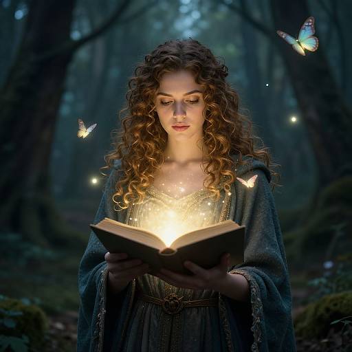 Enchanted forest scene: curly-haired woman with glowing book, ethereal light, blue-green dress, surrounded by floating butterflies, mystical ambiance. Digital