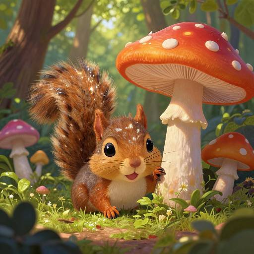 Digital artwork: Adorable, fluffy squirrel with shiny fur and big eyes sitting in enchanted forest, surrounded by red and white-spotted mushrooms.