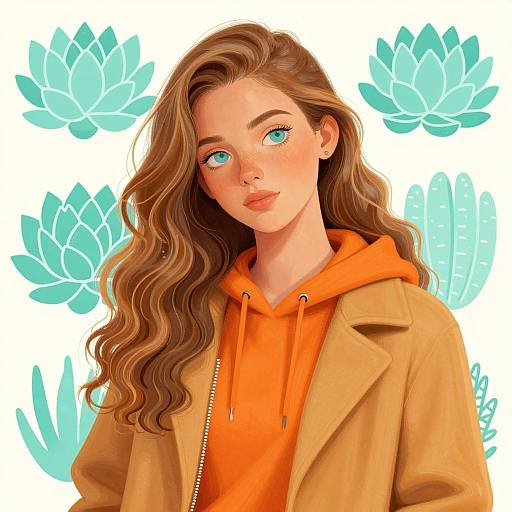 Digital artwork of a young woman with wavy brown hair, green eyes, and freckles, wearing an orange hoodie and tan coat, set against