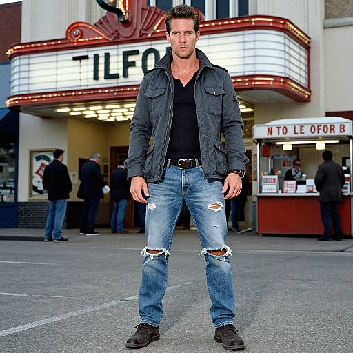 Photograph of a muscular, handsome man with short brown hair, wearing a black shirt, denim jacket, and ripped jeans, standing in front of a
