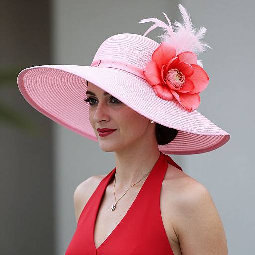 Photograph of a fair-skinned woman with red lipstick, wearing a red halter dress and a large pink hat adorned with a red flower and white