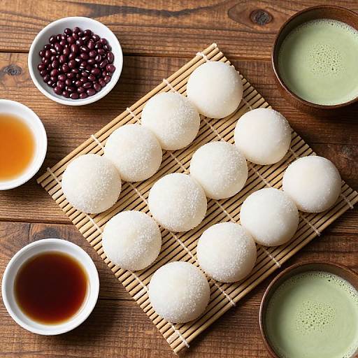 Photograph of white rice balls on bamboo mat, surrounded by bowls of black beans, tea, soy sauce, and green sauce on wooden table.