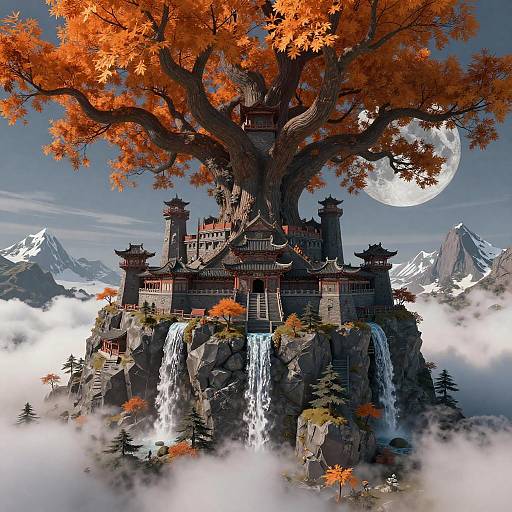 Fantasy Mountain Fortress with Yggdrasil Tree
