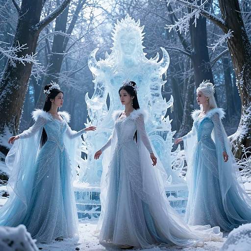 Photograph of three Asian women in ethereal, icy blue gowns with fur trim, standing in a snow-covered forest, surrounded by glowing white fire
