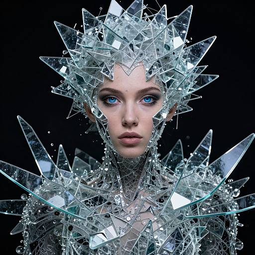 Digital art of a pale-skinned, blue-eyed woman with a crown of sharp, transparent glass shards, set against a black background.