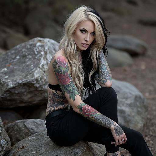 Photograph of a blonde woman with black streaks, extensive colorful tattoos, and black pants, sitting on rocks in a forest.