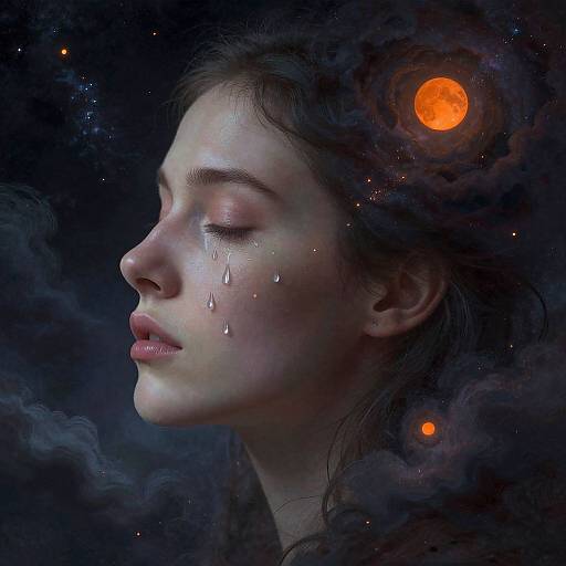 Digital artwork of a serene, tearful young woman with closed eyes, dark wavy hair, and glowing orange celestial orbs in a cosmic, dark blue