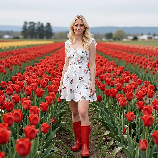 Blonde woman in white floral dress and red boots stands in vibrant red tulip field, daytime photograph.