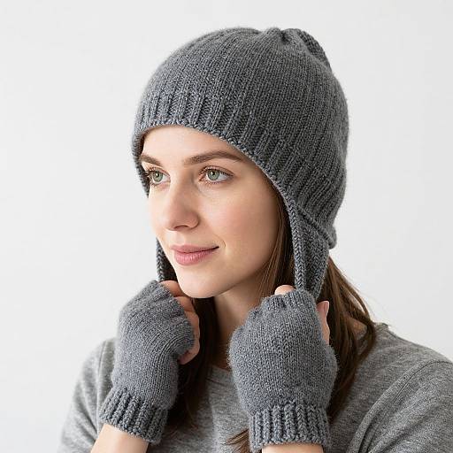 Photograph of a young woman with fair skin and green eyes, wearing a gray knit beanie and matching fingerless gloves, smiling against a white background