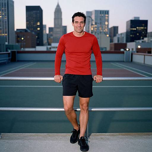 Photograph of a muscular man with short dark hair, wearing a red long-sleeve shirt, black shorts, and black shoes, standing on a