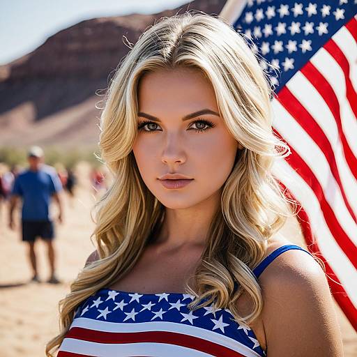 Blonde Woman in American Flag Dress Outdoors