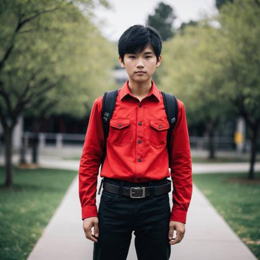 Young Asian Man in Red Shirt with Backpack