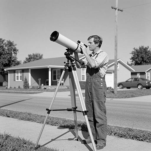 Vintage Man with Telescope in Town