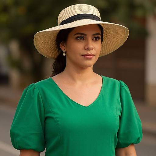 Photograph of a young woman with medium brown skin, wearing a green blouse and a straw hat with a black band, standing outdoors with a blurred urban