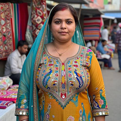 Photograph of a South Asian woman with medium brown skin, dark hair, wearing an ornate yellow and blue embroidered kurta and green dupatta,
