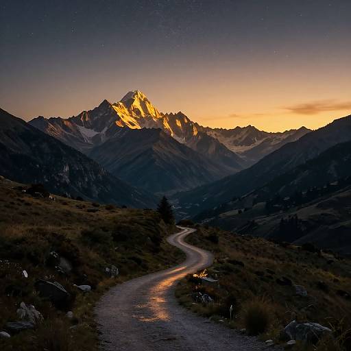 Photograph of a winding mountain road at sunset, leading to snow-capped peaks illuminated by golden light under a starry night sky.