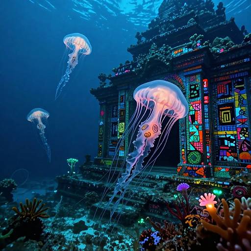Vibrant underwater photograph of glowing jellyfish swimming around a colorful, illuminated temple with neon patterns, surrounded by coral and ocean flora.
