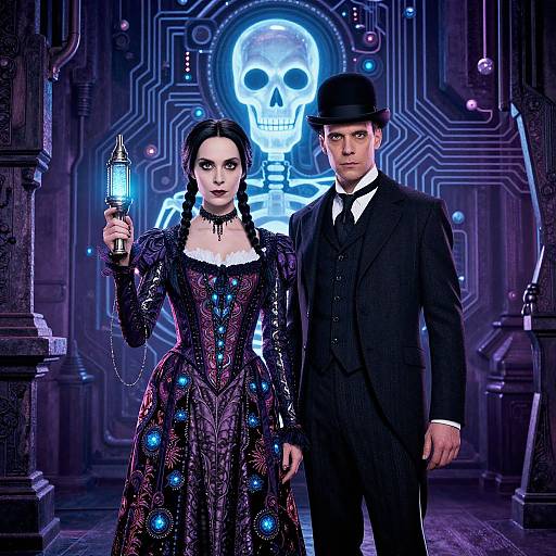 Photograph-style digital artwork of a dark-haired woman in a glowing, Victorian dress, holding a lantern, and a man in a black suit and hat