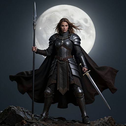 Photorealistic digital artwork of a fierce female warrior in dark, ornate armor, holding a spear and sword, standing on a rock under a full