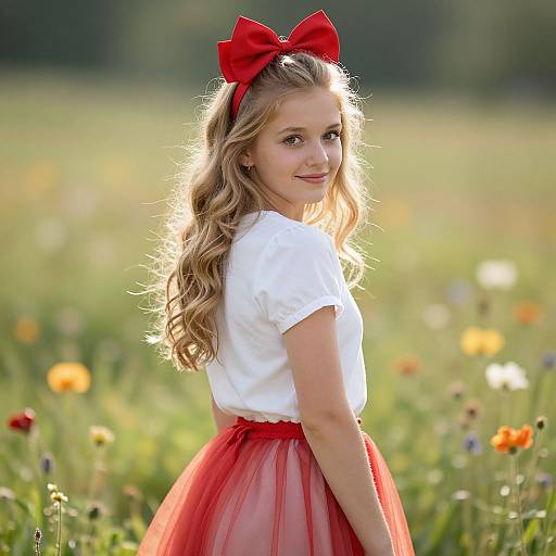 Photograph of a smiling young blonde girl with wavy hair, wearing a white top, red skirt, and large red bow headband, standing in