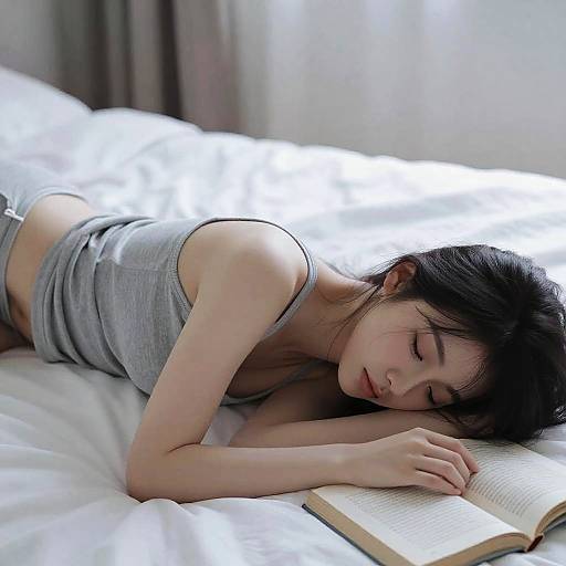 Photograph of an Asian woman with long black hair, in a gray tank top and shorts, sleeping on a white bed, with an open book under