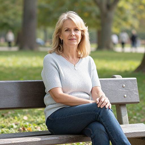 Photograph of a middle-aged blonde woman with shoulder-length hair, wearing a white knit sweater and blue jeans, sitting on a wooden bench in a sun