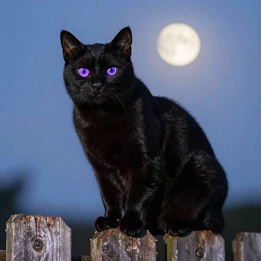 Photograph of a black cat with glowing purple eyes sitting on wooden posts against a blue twilight sky with a bright full moon.