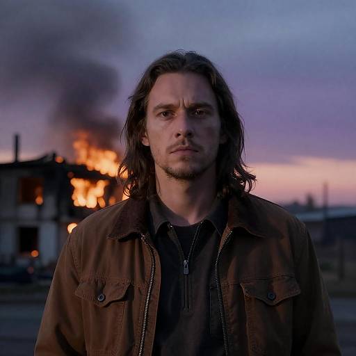 Man with Long Hair in Front of Fire