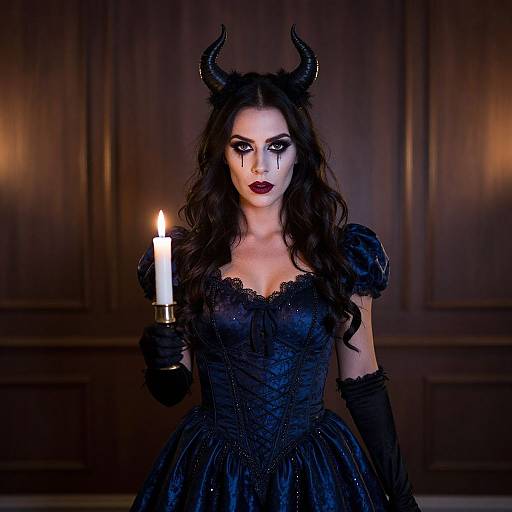 Photograph of a pale-skinned woman with dark wavy hair, black horns, dramatic makeup, black dress, gloves, holding a lit candle,