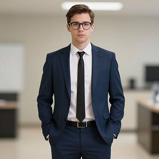 Photograph of a young, fair-skinned man with brown hair and black-rimmed glasses, wearing a navy suit, white shirt, and black