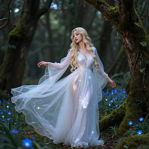 Photograph of a blonde woman in a shimmering white, long-sleeved gown, standing in a mystical forest with glowing blue flowers, surrounded by