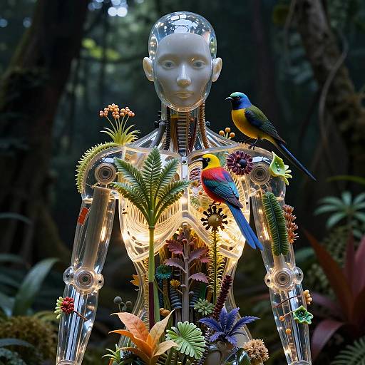 Glowing Porcelain Android in Dark Forest