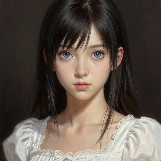 Digital portrait of an anime-style young woman with long black hair, blue eyes, and fair skin, wearing a white lace-trimmed blouse, set