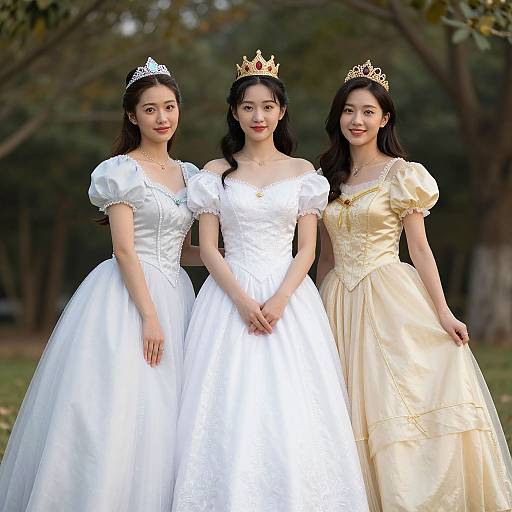 Photograph of three Asian women with long black hair, wearing white and gold tiaras and dresses, standing outdoors in a forest.