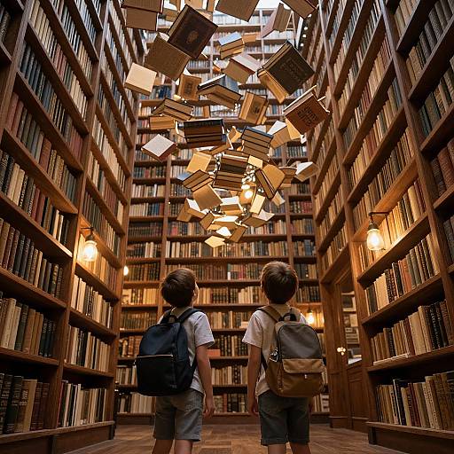 Photograph of two children with backpacks, standing in a dimly lit, wooden library aisle with floating, hanging books overhead.