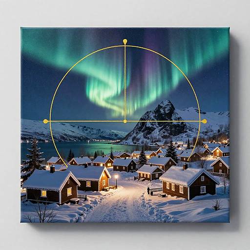 Snowy Nordic Village Under Northern Lights