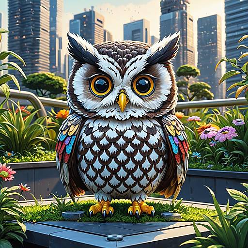 Futuristic Owl Mascot in Rooftop Garden