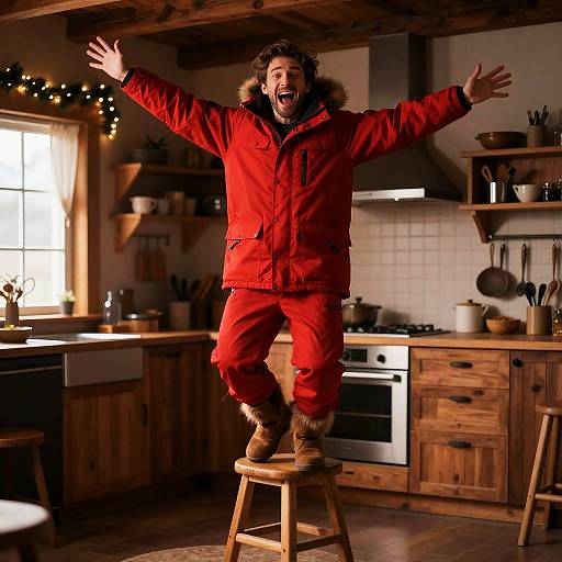 Excited Man in Rustic Christmas Kitchen