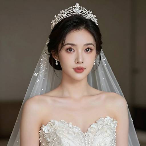 Photograph of an Asian bride with fair skin, black hair, and red lips, wearing a white lace strapless gown, tiara, and veil