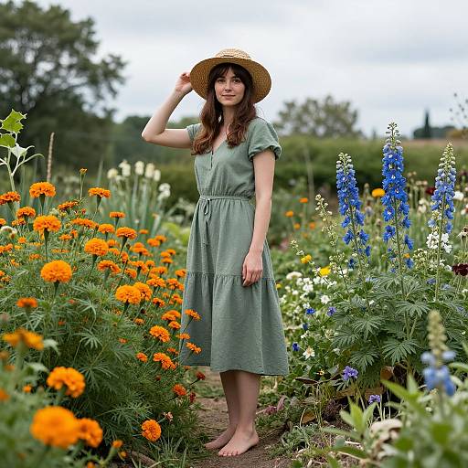 Photograph of a barefoot woman in a green dress and straw hat, standing in a vibrant flower garden with orange marigolds, blue delphin