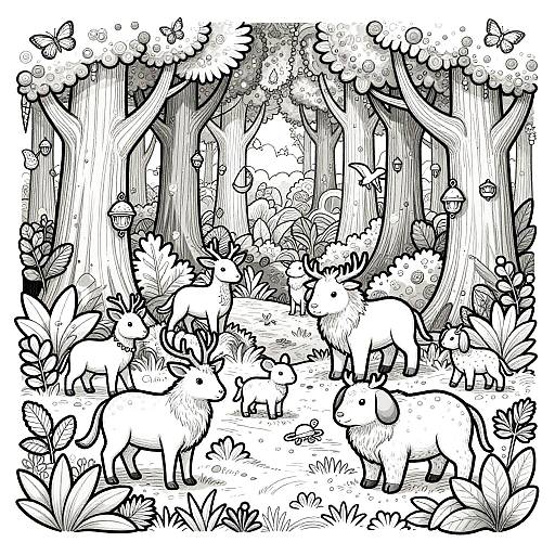 Black-and-white ink drawing of five cute, cartoon-style moose in a dense forest with tall trees, lush foliage, and butterflies.