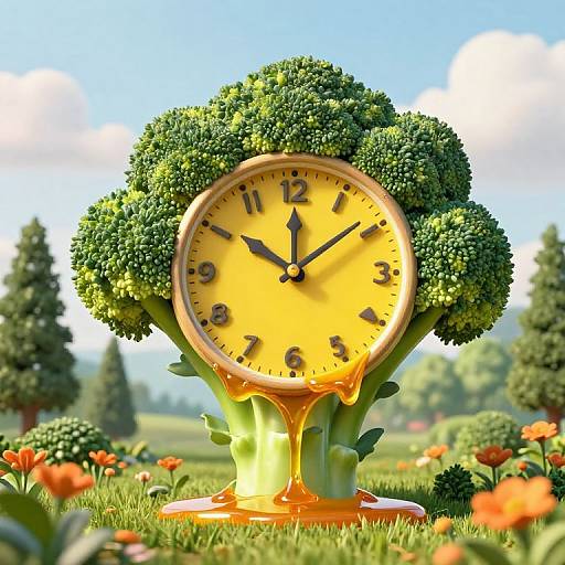 Photorealistic CGI of a clock shaped like a green broccoli with a yellow face, standing in a sunny, flower-filled meadow.