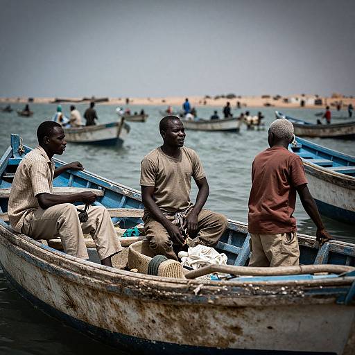 Photograph of three African men in worn, blue wooden boats on a calm, grayish sea, wearing beige and brown clothes, seated and standing,