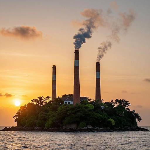 Photograph of three tall industrial smokestacks emitting dark smoke, silhouetted against a vibrant orange sunset and calm ocean. Dense greenery surrounds
