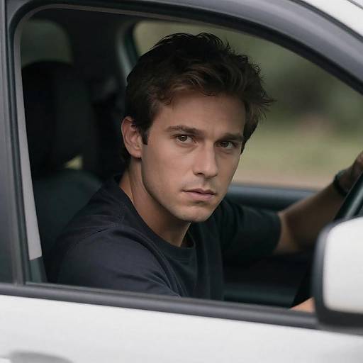 Intense Man Peeking from Car Interior