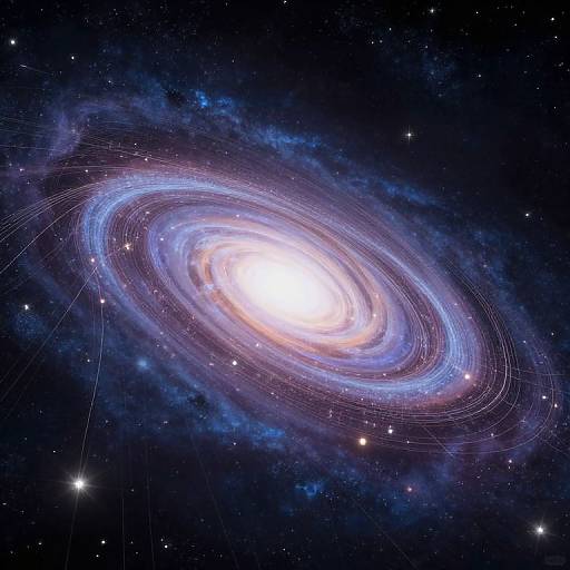 Photograph of a spiral galaxy with bright white core, blue and purple spiral arms, surrounded by dark space and scattered stars.