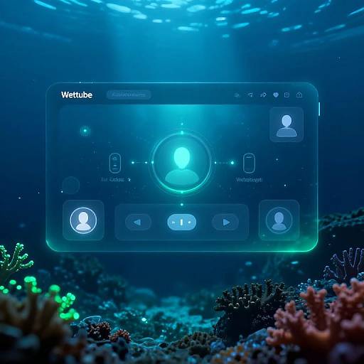 Underwater photograph of a Wetube app interface superimposed on a vibrant coral reef, with glowing buttons and a blue light source.