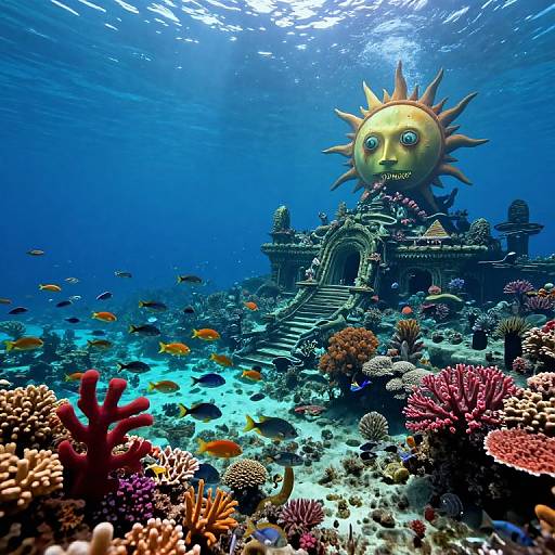 Underwater photograph of a surreal sun-faced temple with a smiling face, surrounded by colorful coral reefs and small orange fish.