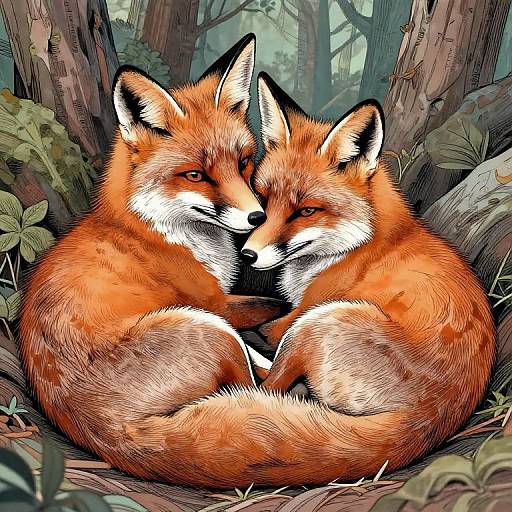 Foxes Cuddling in Peaceful Forest
