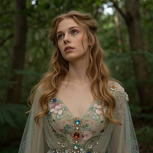 Photograph of a fair-skinned, blonde-haired woman with wavy hair, wearing a sheer, floral-embellished, low-cut gown,